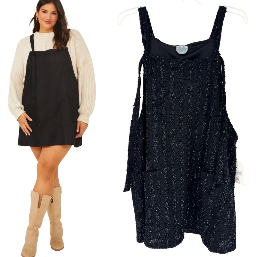 NWT Arula Leighton Square Neck Overall Skirtall Pinafore Dress Black Metallic XL